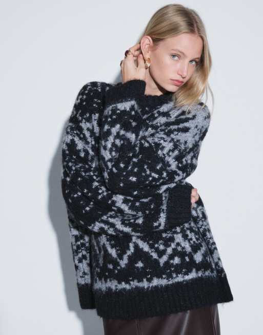 Weekday - Premium oversized Fair Isle trui van wolmix in gemêleerd grijs en zwart, 4 van 4