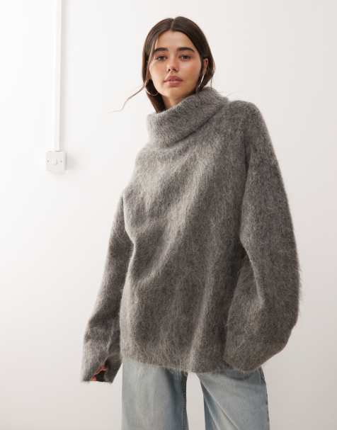 Weekday premium wool & mohair blend oversized turtle neck jumper in grey