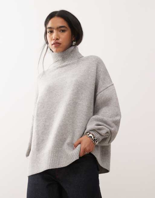 Weekday Premium – Wełniany sweter oversize z golfem w szarym melanżowym kolorze, 2 z 4