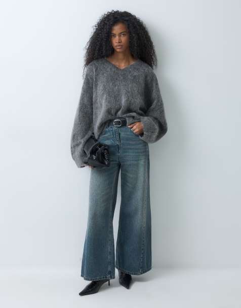 Weekday premium wool and mohair blend v neck sweater in dark gray melange - view 1