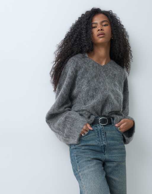 Weekday premium wool and mohair blend v neck sweater in dark gray melange, 2 of 5