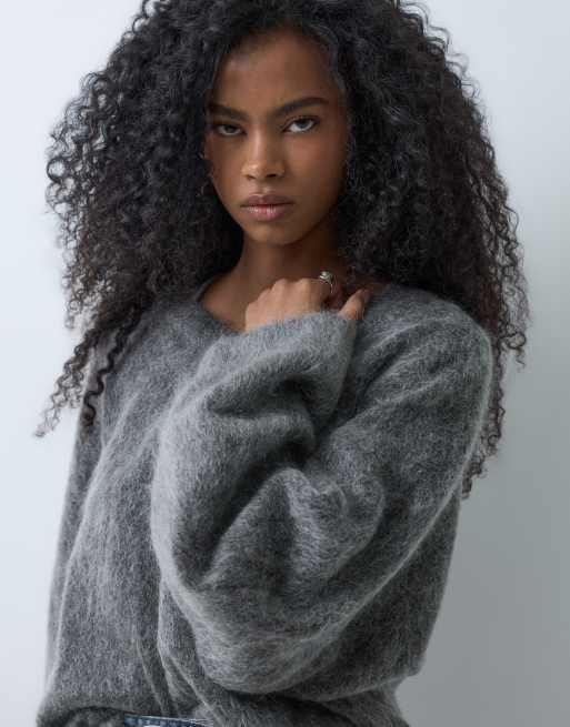 Weekday premium wool and mohair blend v neck sweater in dark gray melange, 4 of 5