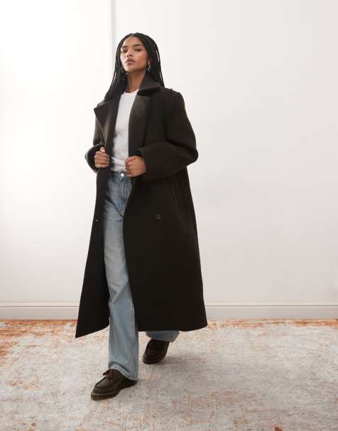 Weekday premium wool blend double breasted coat in dark brown melange - view 1