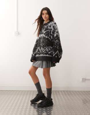 Weekday Premium Wool Blend Oversized Fair Isle Sweater In Black