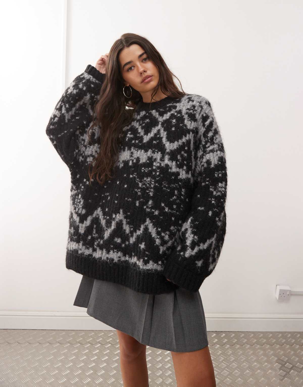 Weekday premium wool blend oversized fairisle jumper in grey melange and black