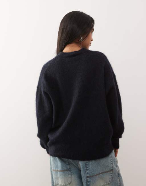 Weekday premium wool & mohair blend jumper in dark navy melange, 3 of 4