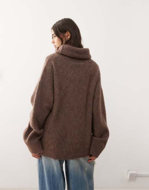 Weekday premium wool & mohair blend oversized turtle neck jumper in mole, 3 of 4