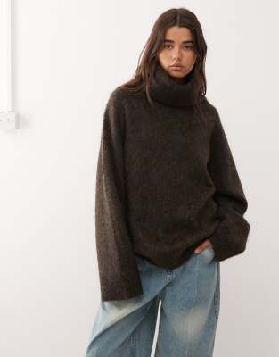 Weekday Premium Wool & Mohair Blend Oversized Turtle Neck Sweater In Brown