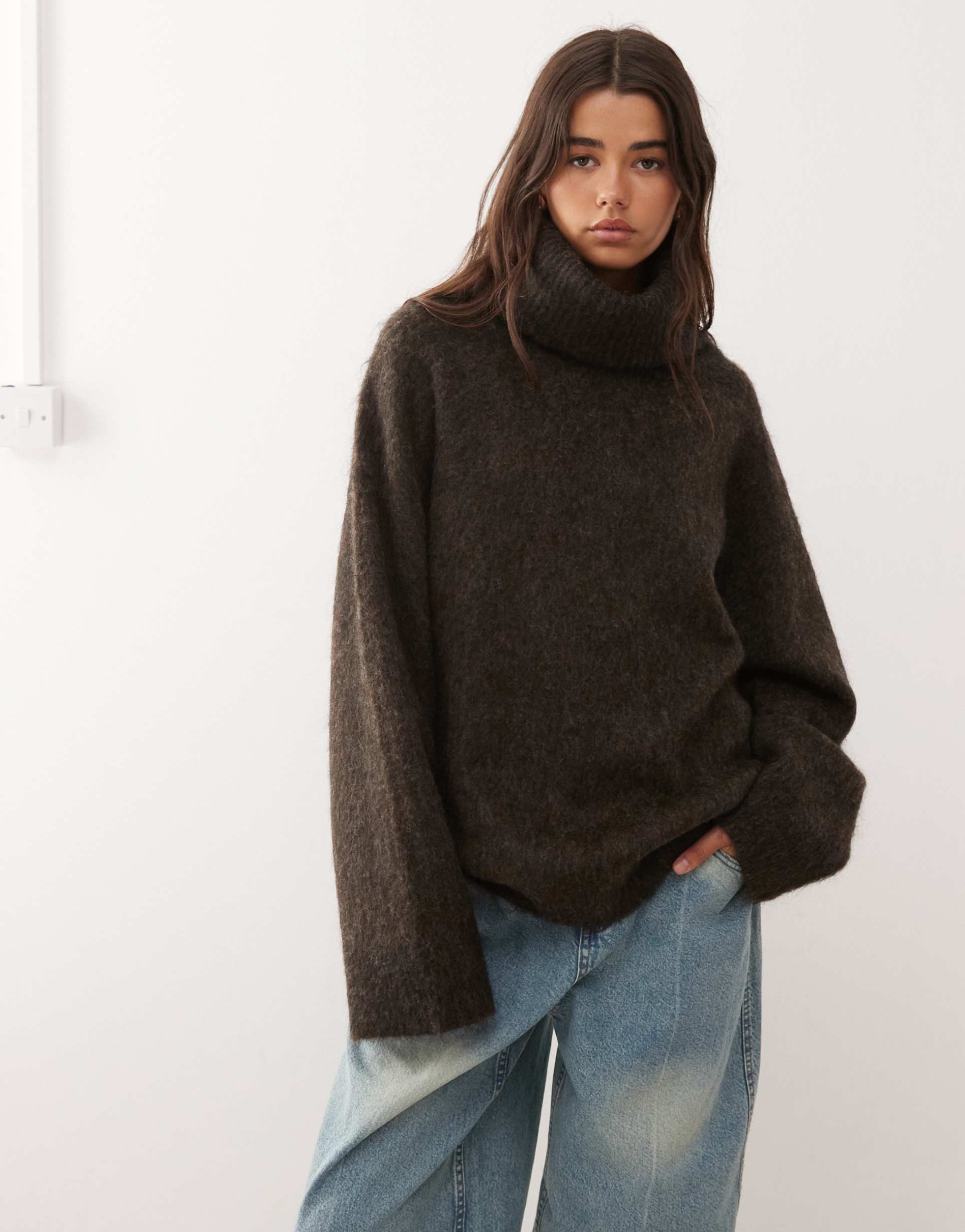 weekday premium wool & mohair blend oversized turtle neck sweater in dark brown