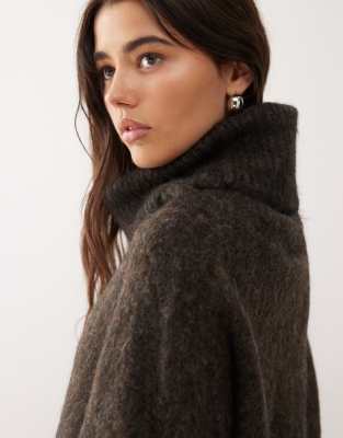 Weekday Premium Wool & Mohair Blend Oversized Turtle Neck Sweater In Brown