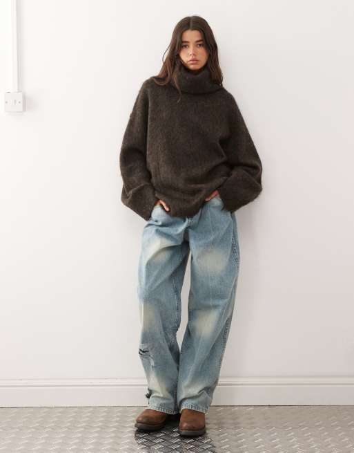 Weekday premium wool & mohair blend oversized turtle neck sweater in dark brown
