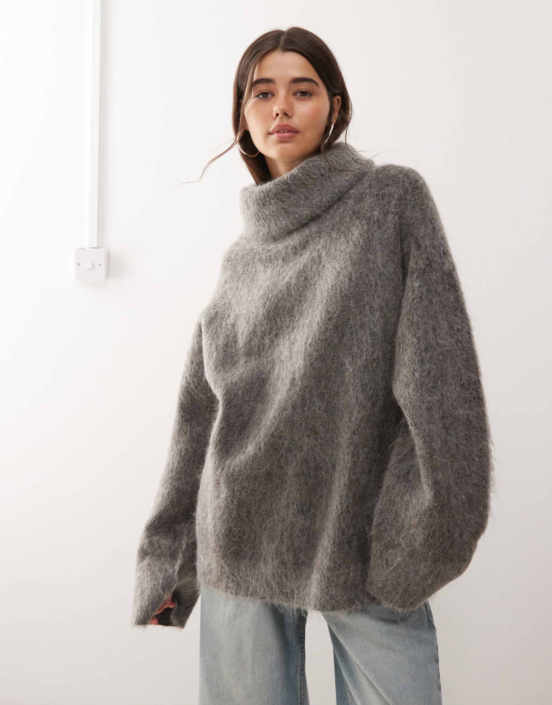 weekday premium wool & mohair blend oversized turtle neck sweater in gray