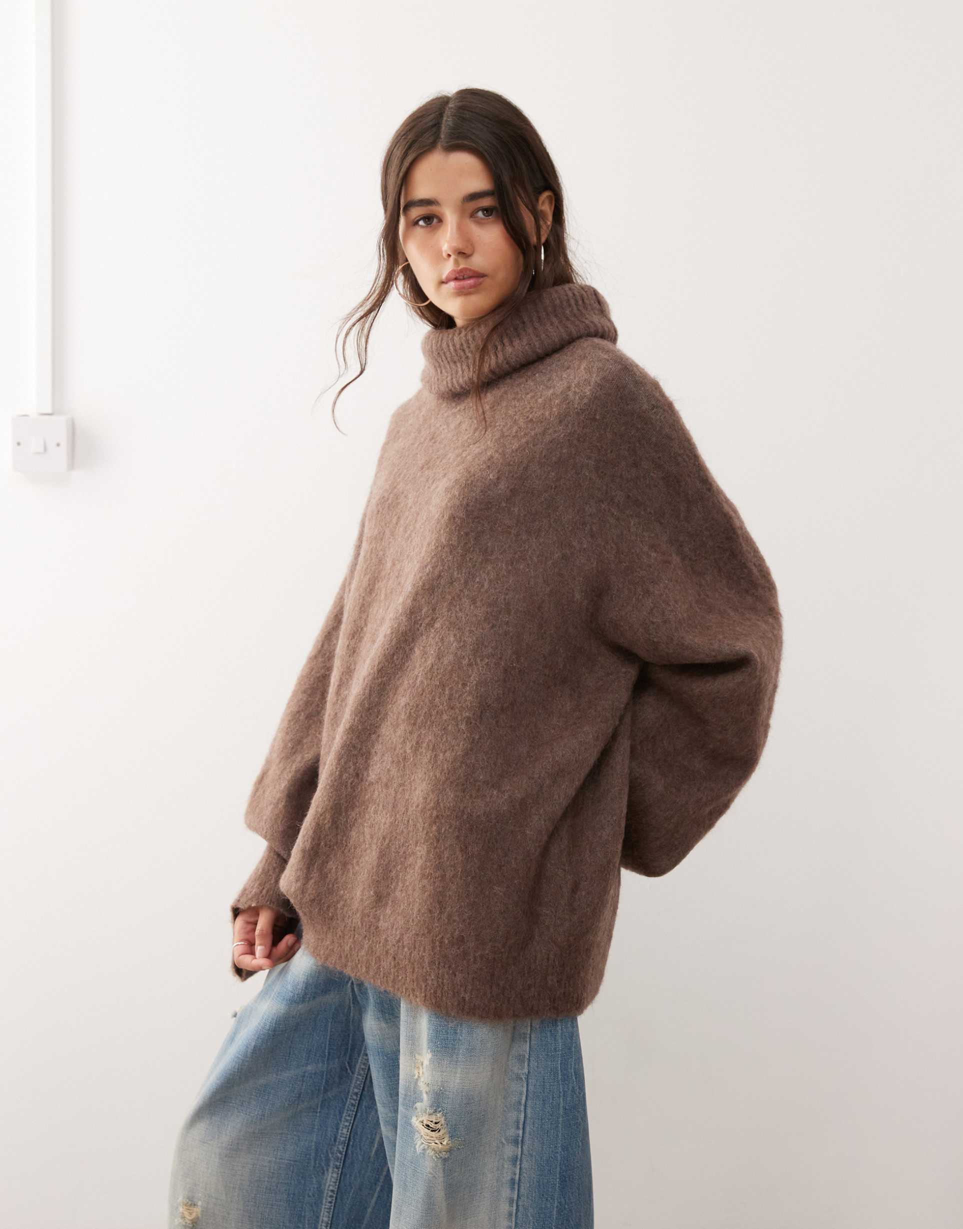 weekday premium wool & mohair blend oversized turtleneck sweater in mole