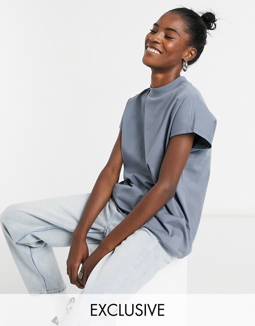 Weekday Prime organic cotton high neck tee in slate grey blue