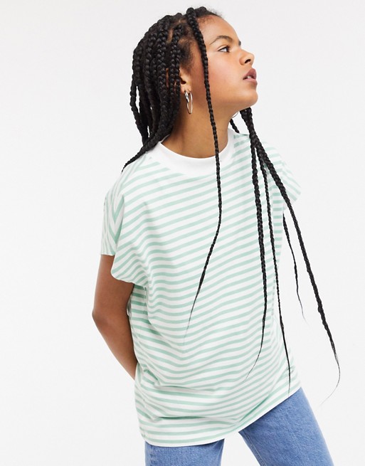 Weekday Prime organic cotton striped high neck tee in green and white