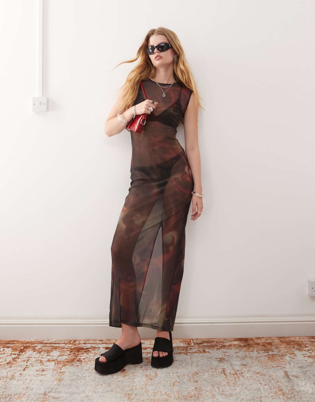 Weekday printed mesh maxi dress in black