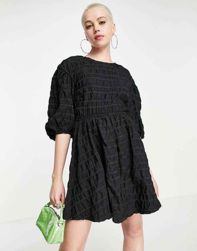 Weekday puff sleeve tie back mini dress in black