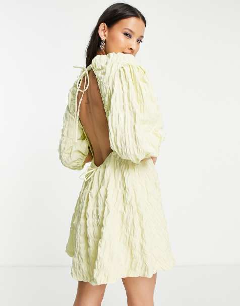 Weekday puff sleeve tie back mini dress in pale green - view 1