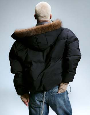 Weekday Puffer Coat With Faux Fur Lined Hood In Blue