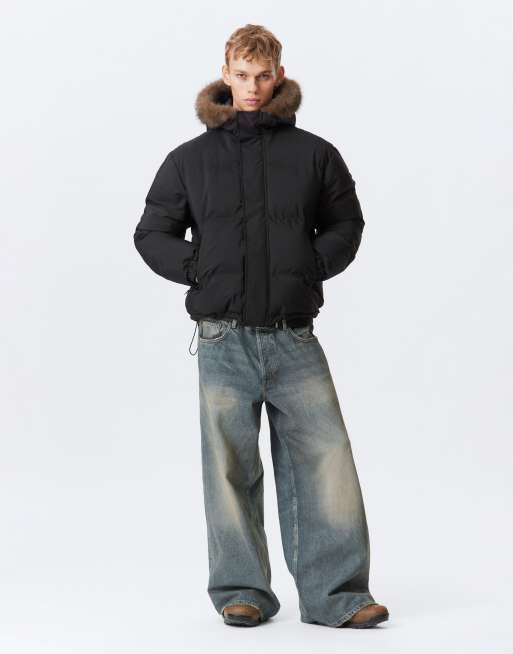 Weekday puffer coat with faux fur lined hood in black ASOS