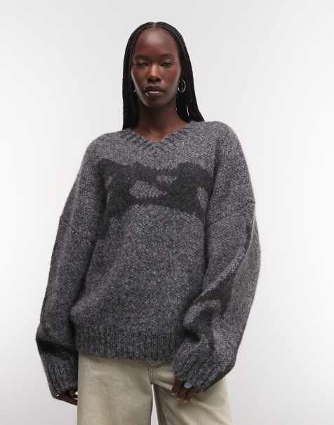 Weekday pull col V en mélange de laine avec motif jacquard ton sur ton gris - view 1