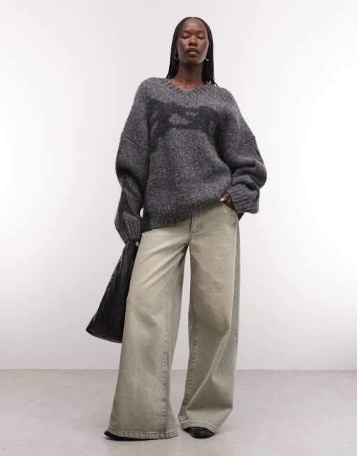 Weekday pull col V en mélange de laine avec motif jacquard ton sur ton gris, 4 de 4