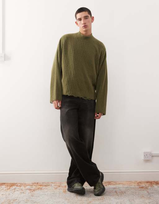 Weekday - Pull côtelé à col roulé avec ourlet effet usé - Kaki, 2 de 5