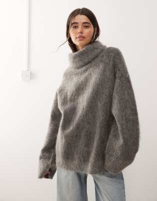 Weekday - Pull oversize en laine et mohair de qualité supérieure avec col roulé - Gris