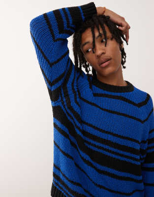 Weekday - Pull oversize en maille ajourée à rayures - Bleu