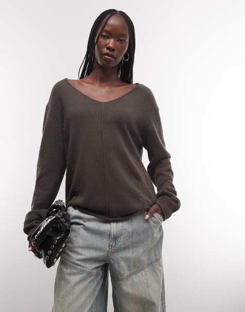Weekday Pullover mit V-Ausschnitt und Burn-out-Jacquard in Dunkelgrau - view 1
