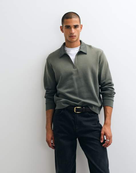 Weekday quarter-zip sweatshirt in slub fabric in washed khaki - view 1