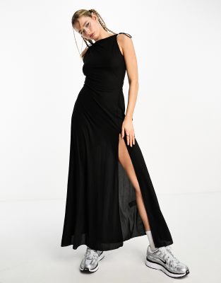Weekday Quinn Maxi Dress With Tie Shoulders And Side Slit In Black In Black