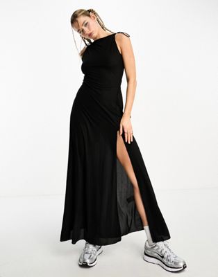 Weekday Quinn maxi dress with tie shoulders and side split in black