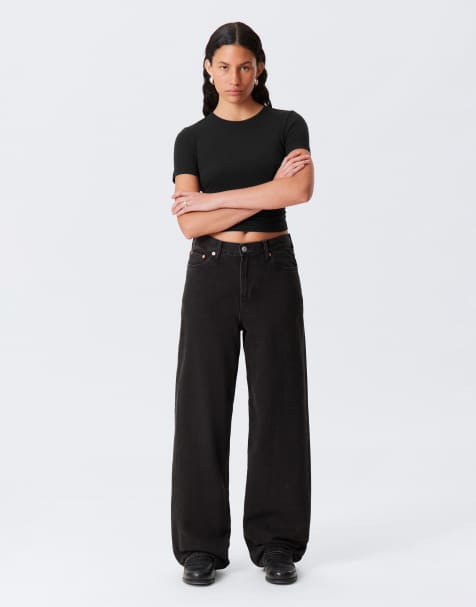 Weekday Rail mid waist loose fit straight leg jeans in black
