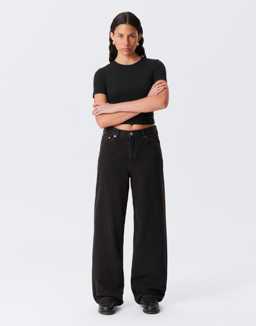 Weekday Rail mid waist loose fit straight leg jeans in black