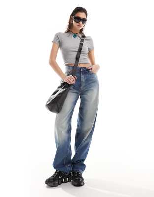 Weekday Weekday Rail mid waist loose fit straight leg jeans in jackpot blue