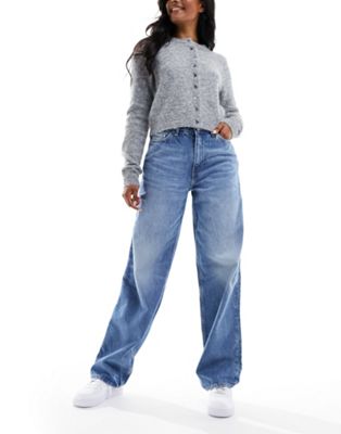 Weekday Rail mid waist loose fit straight leg jeans in seventeen blue
