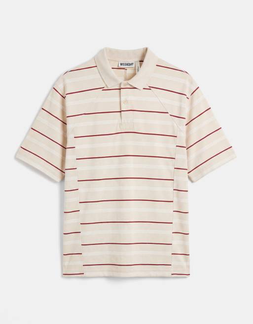 Weekday - Rød og beige polo-T-shirt med sømdetaljer og striber i firkantet pasform, 6 af 9