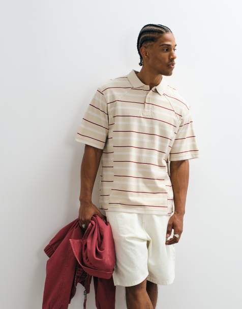 Weekday - Recht gestreept poloshirt met naaddetail in rood en beige - view 1
