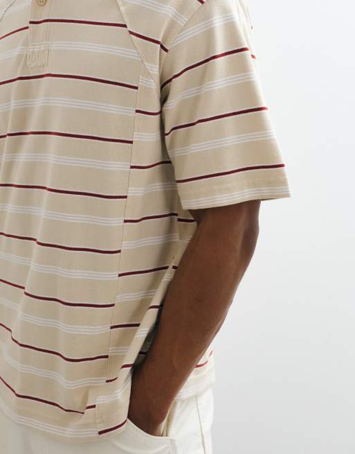 Weekday - Recht gestreept poloshirt met naaddetail in rood en beige, 2 van 7