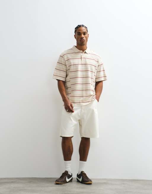 Weekday - Recht gestreept poloshirt met naaddetail in rood en beige, 3 van 7