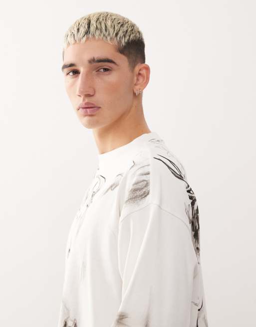 Weekday - Recht oversized T-shirt met lange mouwen en all-over schetsboekprint in wit, 4 van 5
