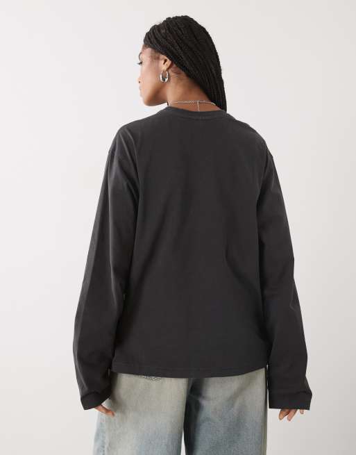 Weekday - Rechte henley top met lange mouwen en knopen in donkergrijs, 3 van 4