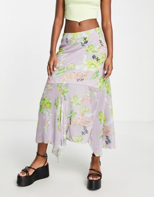 Weekday polyester asymmetric midi skirt in lavender floral - MULTI