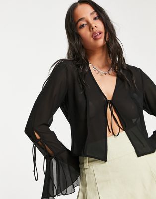Weekday recycled polyester chiffon tie front top in black