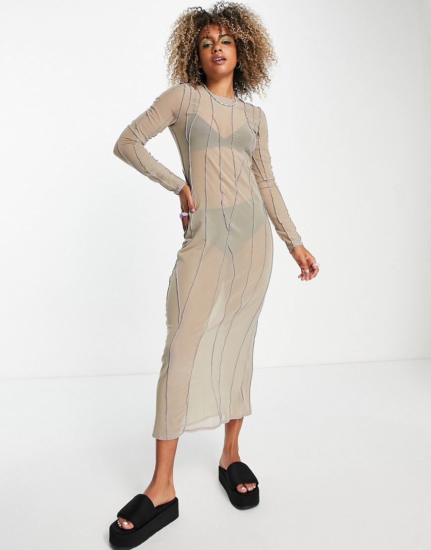 Weekday recycled polyester exposed seam dress in beige and blue-Neutral