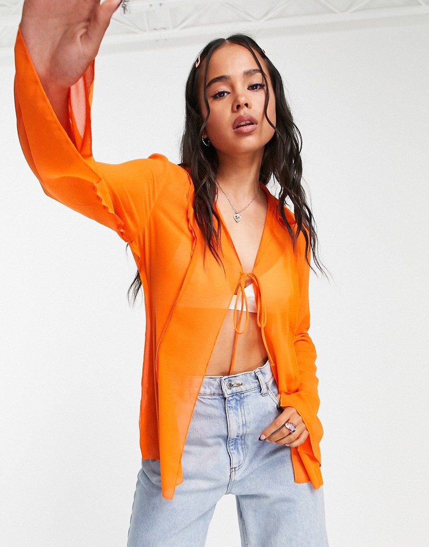 Weekday recycled polyester tie front blouse in bright orange