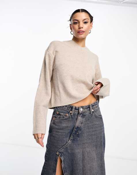 Weekday Reece high v neck wool sweater in beige melange - view 1