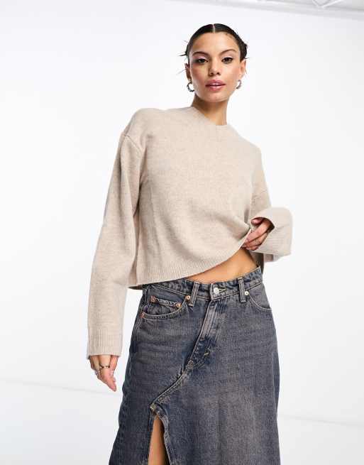 Weekday Reece high v neck wool sweater in beige melange