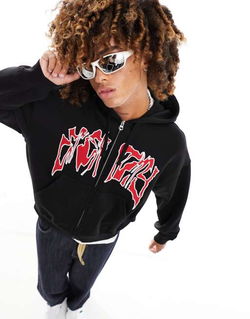 Weekday - Regular-fit hoodie met rits en geborduurde print in zwart